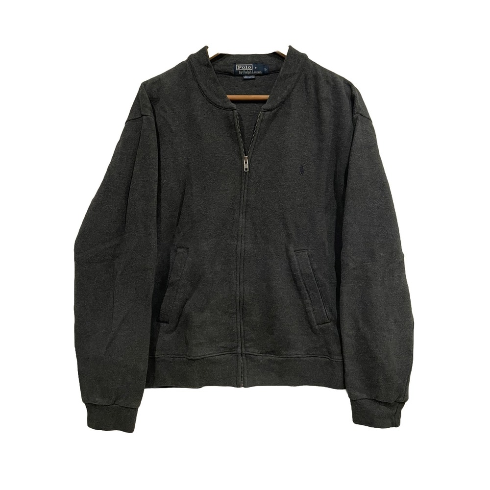 Vintage‎ Polo Ralph Lauren Cardigan Sweater Bomber Jacket Gray Full Zip Mens L